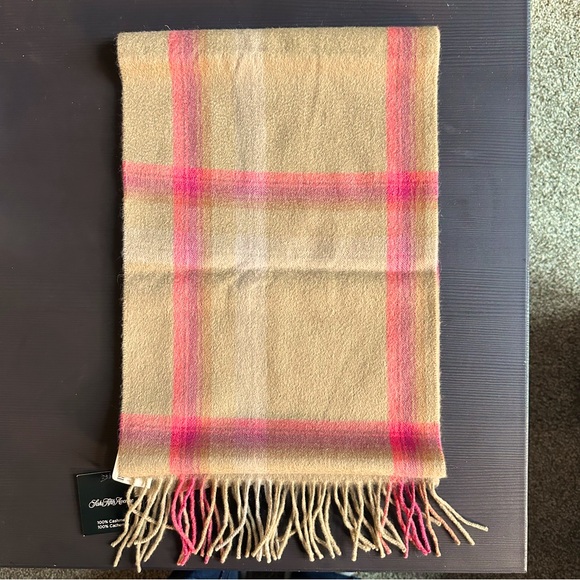Saks Fifth Avenue 100% Cashmere Camel Tan and Pink Scarf